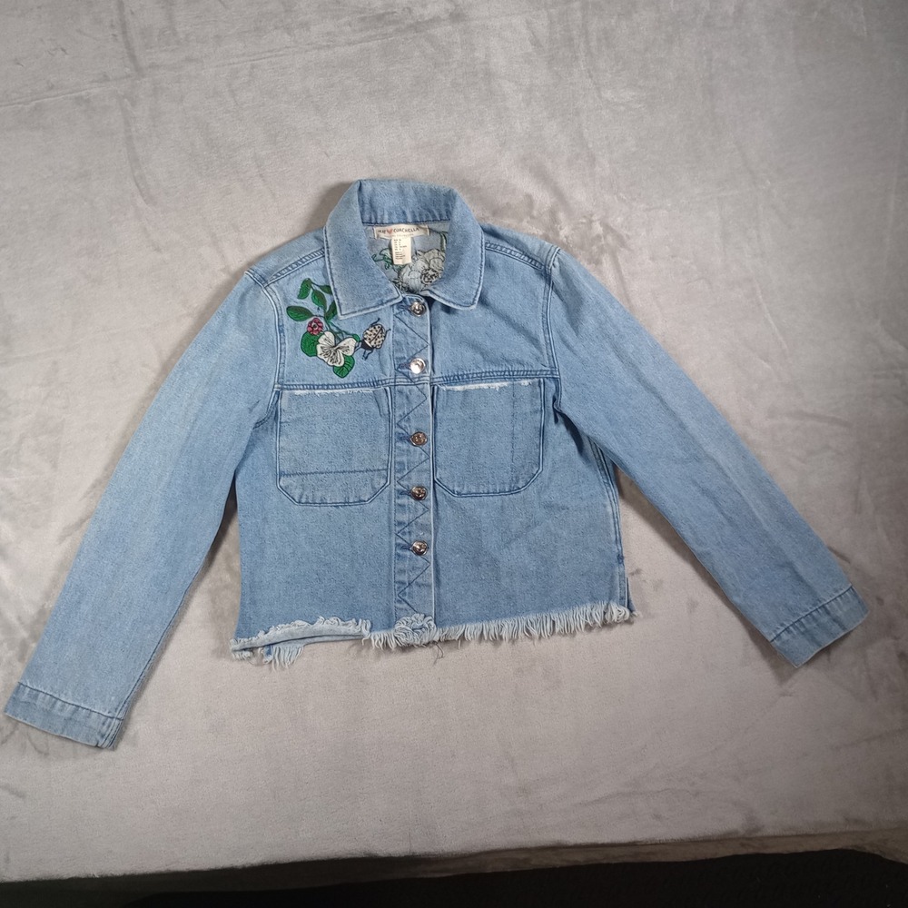 H&M Coachella Denim Jean Jacket Womens 6 Blue Floral Embroidered Festival Boho